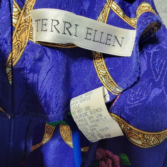 Vintage Terri Ellen Dress Size‎ 12 Purple Gold Floral Pleated Puffer Sleeves - Picture 7 of 8